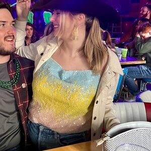 Colorful sequin tank top with cow neck. Size M